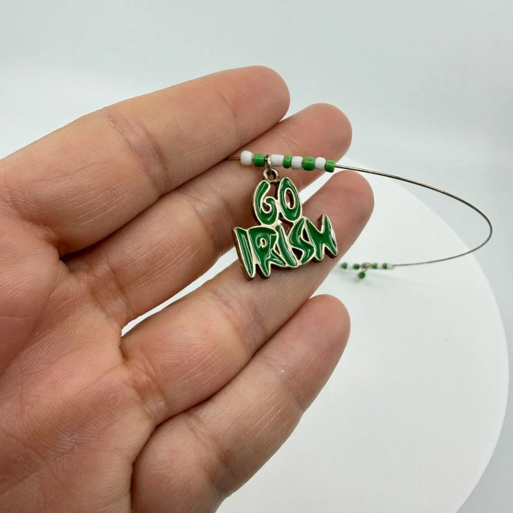 Green White Beaded Go Irish Pendant Wire Choker Necklace St Patrick's Day Gift